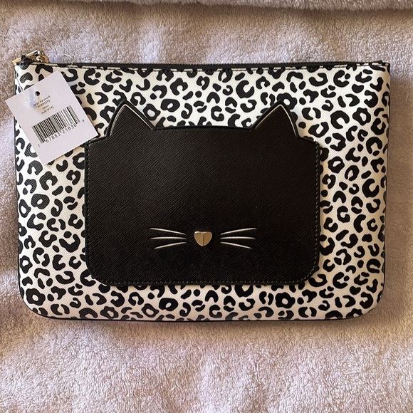 Kate Spade Meow Black Cat Large Zip Pouch OS - Picture 3 of 6